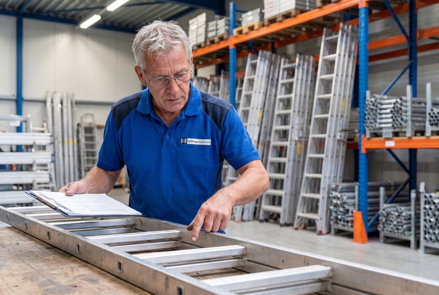 Keurmeester controleert de sporten van een ladder met een keuringslijst