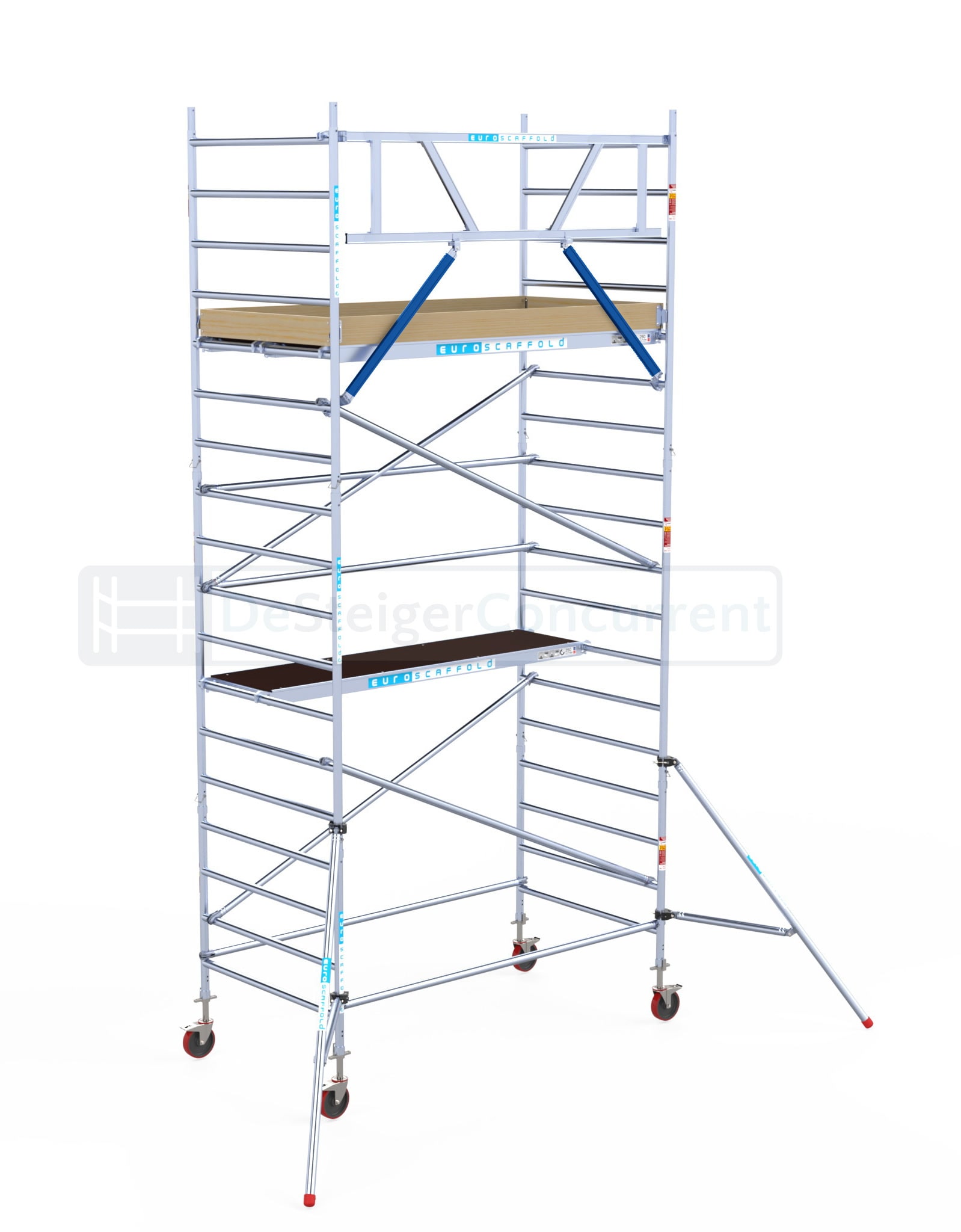 Rolstelling opbouwen: een opgebouwde Euroscaffold-rolstelling met leuningen en stabilisatoren