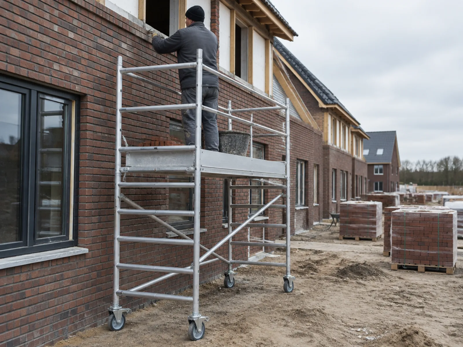 Échafaudage roulant contre une maison en construction