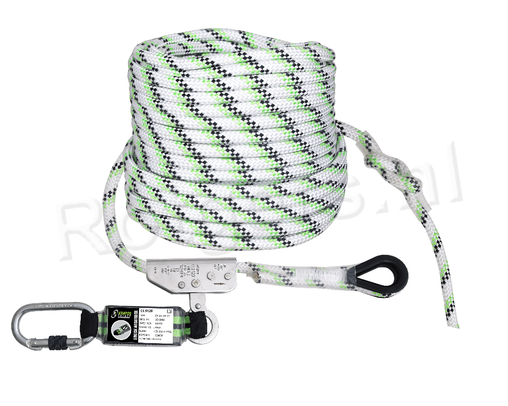 Kratos Veiligheidslijn met Vaste RVS Lijnklem met Energie-absorber Koord 12 mm - Lengte 20 M