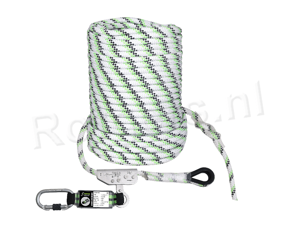 Kratos Veiligheidslijn met Vaste RVS Lijnklem met Energie-absorber Koord 12 mm - Lengte 50 m